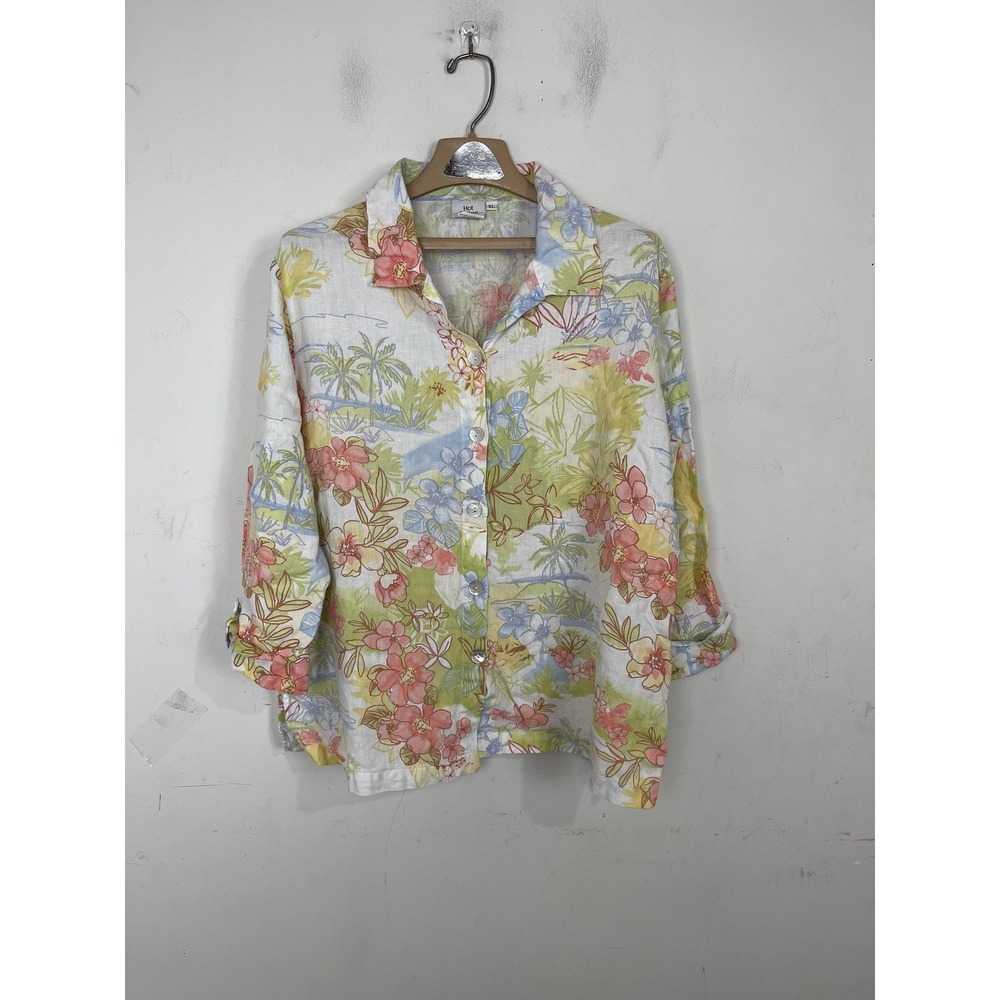 Hot Cotton‎ Shirt Womens XL Hawaiian Linen Button Up Tropical Floral Lagenlook